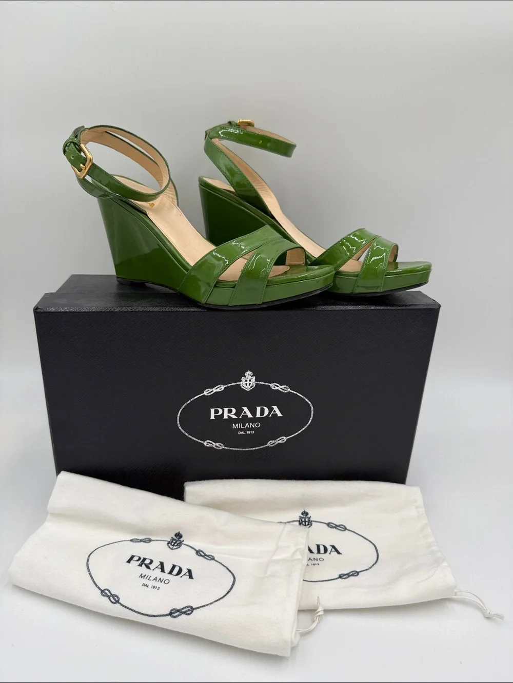 Prada Patent Green Wedge Sandals with Ankle Strap
